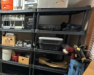 coolers, bleach seats, briefcase, golf clubs, golf bags, golf storage