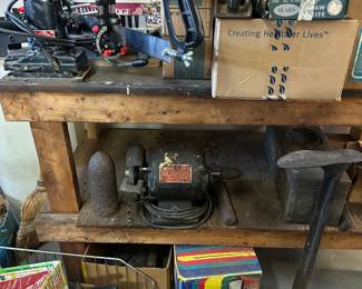 vintage morter, grinder, saw, vintage shoe working set