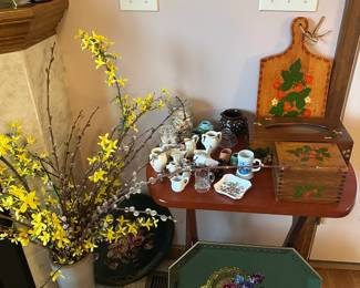 hand painted trays, artificial flowers, small vintage containers, wood handmade boxes, etc.
