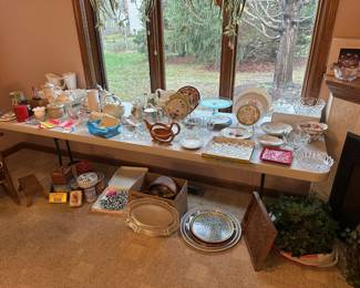glassware, dishware, kitchenware, wood bowl set, tea pots, anchor hawking, crystal, tins, etc