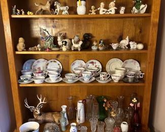 ceramic figurines, tea sets, vintage saucers, cups, glassware