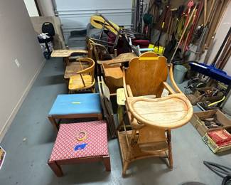 vintage furniture, baby high chair, stools, vintage school desks, couches