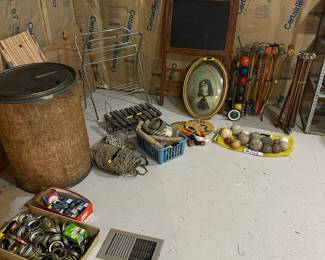 vintage childrens chalkboard, croquet, sports equipment, mason jar lids