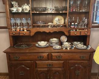antique all wood hutch, friendly village dish set, crystal glassware, dishware, tea set