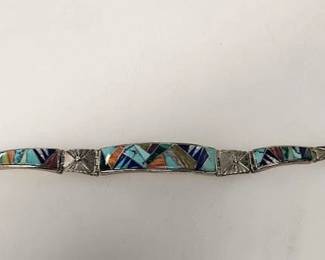 Calvin Begay 925 Sterling Hand Crafted Bracelet - Turquoise and Stone Inlay - 36g