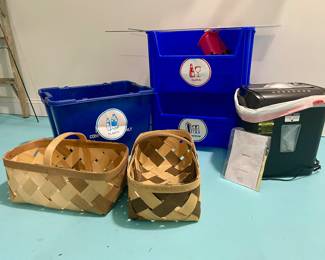 Baskets, recycling tubs, paper shredder