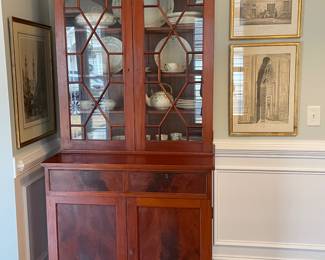 Vintage flamed mahogany cabinet, Egyptian art...