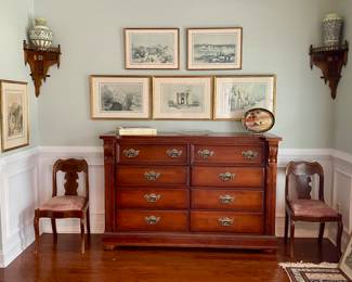 Great Egyptian art by David Roberts! Wood and inlay corner wall decor (Egyptian Middle Eastern Moroccan), porcelain vases, Flamed mahogany Credenza/Server Cabinet, Flamed mahogany wood upholstered side chairs...