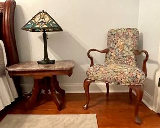 Eastlake marble top rectangular short table, stain glass lamp & ladies chair