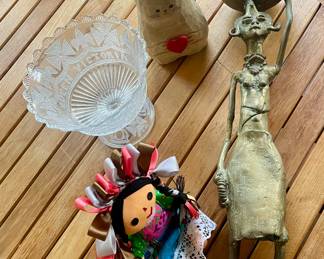 Queen Victoria compote, wood cat vase with heart, Mexican rag doll & Bronze African woman statue