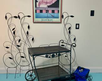 Black wrought iron tea/garden cart, scrolled yard art pieces, art poster~ Andrew Williams