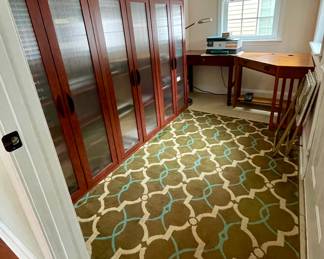 Three modular tall storage cabinets, Nova Collection geometric patterned rug, HP OfficeJet Pro 8035e printer, corner computer desk, desk, adjustable floor lamp, TV trays...