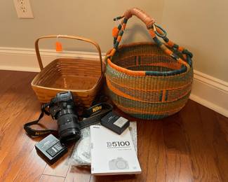 Nikon D5100 camera, woven baskets