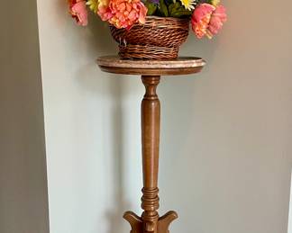 Wood marble top decorative stand and flower arrangement