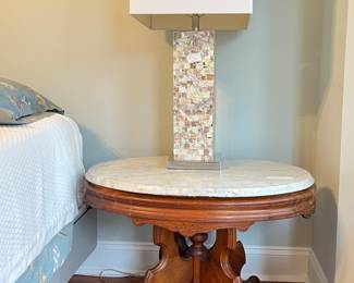 Eastlake oval marble top table, heavy Mother of pearl lamp