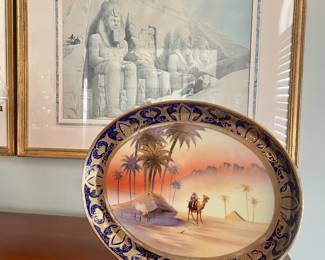 The Great Temple of Abu Simbel framed print by David Roberts, Noritake hand painted desert scene Egyptian revival art deco raised gold oval plate ~ Japan