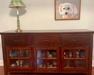 Abbyson Buffet/TV stand, brass lamp & oil on canvas dog