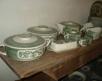 "THE OLD CURIOSITY SHOP" CASSEROLE DISHES, BUTTER DISH, TEA POT, SALT PEPPER, CREAMER SUGAR