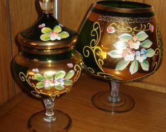 VINTAGE  GILT &  GREEN BOHEMIAN CZECH GLASS