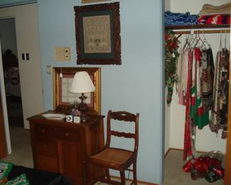 CHRISTMAS ROOM - TABLE LINENS, THROWS, ANTIQUE CANE CHAIR, BEAUTIFUL ANTIQUE WALNUT WASH STAND, COUNTED CROSS STITCH FRAMED IN BEAUTIFUL OLD WOODEN FRAMES 