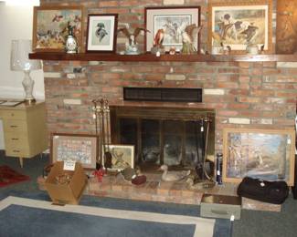 MANY VINTAGE WILDLIFE PRINTS, WILDLIFE DECANTERS, BRASS HEAD FIREPLACE TOOLS, CUCKOO CLOCK GERMANY, SAD  IRONS