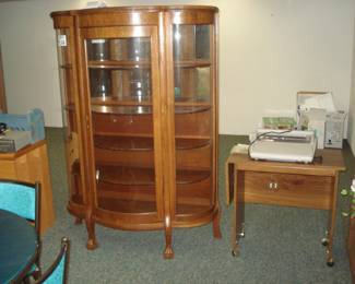 VINTAGE REPRODUCTION "LARKIN" CURVED GLASS & CLAW FOOT CHINA CABINET ... NOTE:  LEFT GLASS PANEL IS BROKEN ... COULD BE REPLACED ... EXCELLENT OTHERWISE