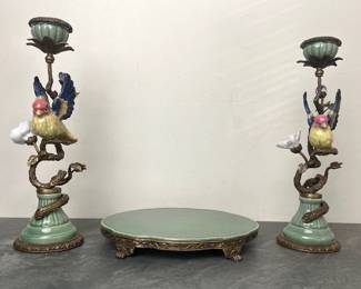 Lot 88 Mark Roberts Bronze and Porcelain Bird Candlesticks Porcelain and Bronze Footed Centerpiece Stand