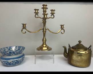 Lot 157 Brass Candelabra Brass Kettle Blue White Ceramic Pot