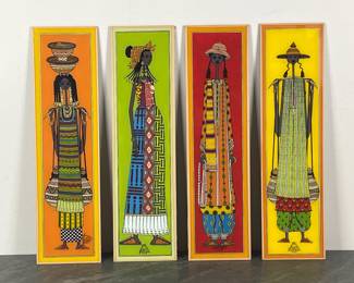 Lot 131 Set of 4 Djbril Fall Diene Signed Paintings Under Glass African Art