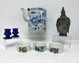 Lot 184 Bronze Buddha Head Sculpture Asian Blue White Teapot Porcelaine De Paris Ramekins Blue Glass Candle Holders