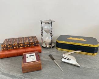 Lot 288 Vintage Wooden Boxes NY Times Wood Coaster Set Sand Hourglass Napa Valley Reserve Fake Leather Book