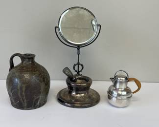 Lot 164 Vintage Silverplate Shaving Mirror Brush Teapot Stoneware Jug
