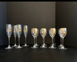 Lot 65 France Luminarc Wine and Champagne Glasses with Gold Musical Instrument Designs