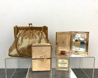 Lot 47 Chanel No. 5 Miniature Empty Perfume Bottle w Box Elgin American Compact w Mother of Pearl Top Whiting Davis Gold Mesh Purse
