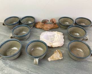 Lot 235 Studio Pottery Soup Bowls White Quartz Ashtray Wood Bird Sculpture