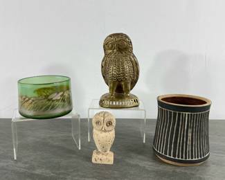 Lot 282 Charles Counts NC Signed Pottery Vase Robert Coleman OH Art Glass Low Bowl BrassPottery Owls