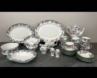 Lot 83 Royal Doulton Floradora Green China Dishes Tea Pot Gravy Boat Sugar Creamer Set Platters and Serving Bowls Tea Cups