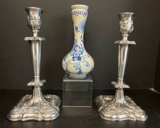 Lot 150 Silver Plate Candlesticks Delft Vase