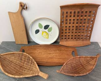 Lot 240 MCM Danish Teak Trays Rattan Baskets Wood Cutting Board Metal Tray