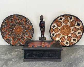 Lot 123 African Woven Baskets Wooden Box Carved Wooden Statuette