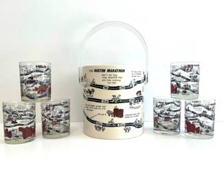 Lot 324 Vintage Boston Marathon Barware Tumbler Glasses and Ice Bucket