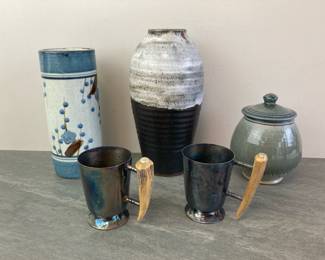 Lot 246 Pinter Bros England Silverplated Antler Mugs Pottery Vases Signed Studio Pottery LIdded Pot