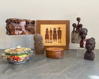 Lot 115 African Carved Wooden Boxes Figurines Wall Art Glazed Ceramic Covered Dish