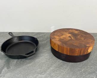 Lot 122 Ironwood Round Cutting Board Round Leathercovered Tray Lodge Cast Iron Skillet