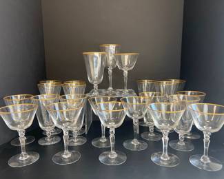 Lot 26 Vintage Fostoria Gold Rim Goblets Champagne Tall Water Glasses Stemware