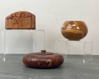 Lot 3 Wooden Trinket Box w Lid Polished Stone Jar Wooden Puzzle Box Jewelry Box