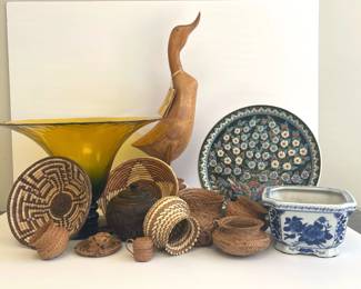 Lot 15 Large Glass Vase Centerpiece Carved Duck Fiber Baskets Wooden Sugar Bowl Planter Handpainted Plate