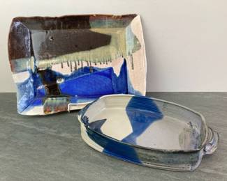 Lot 232 Pottery Platter Signed by David Schneider Unsigned Pottery Baking Dish