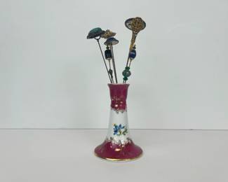 Lot 98 Vintage KPM China Hat Pin Holder w Pins