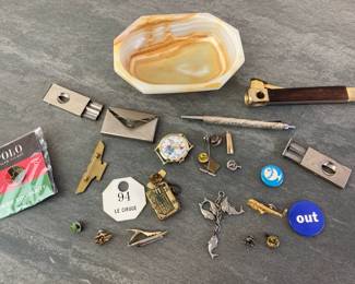 Lot 231 MCM Onyx Soap Trinket Dish Vintage Pins Cigar Cutters More